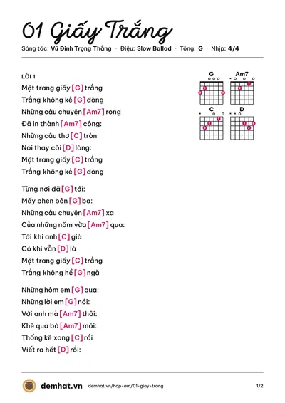 Hợp âm 01 Giấy Trắng (Vũ Đinh Trọng Thắng) – bản nhạc PDF trang 1, tông G