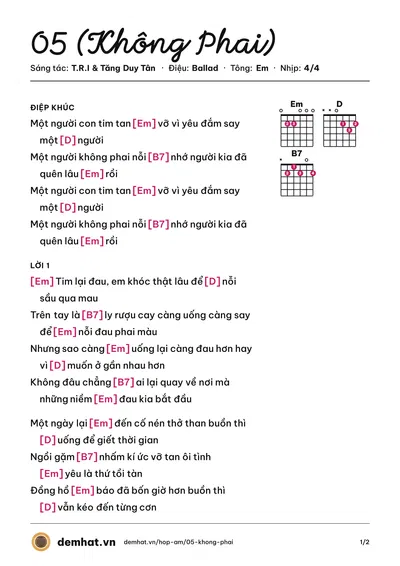 Hợp âm 05 (Không Phai) (Tăng Duy Tân) – bản nhạc PDF trang 1, tông Em