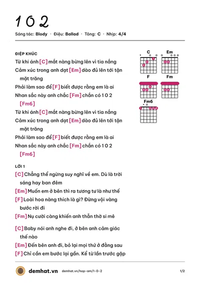 Hợp âm 1 0 2 (Blody) – bản nhạc PDF trang 1, tông C