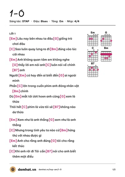 Hợp âm 1-0 (Đông Nhi) – bản nhạc PDF trang 1, tông Em