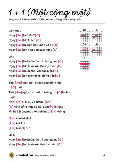 Hợp âm 1 + 1 (Một cộng một) (Lê Thiện Hiếu) – bản nhạc PDF trang 1, tông Em