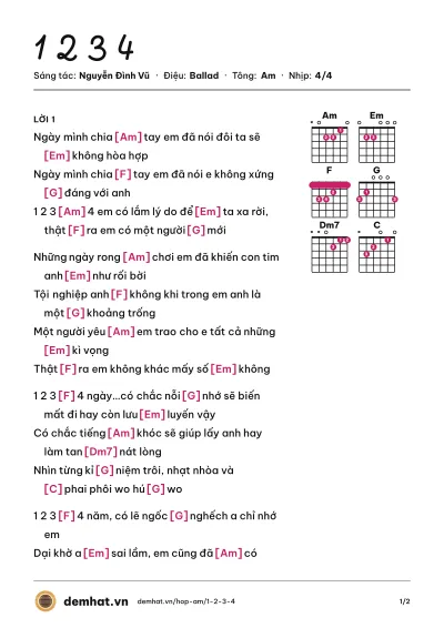 Hợp âm 1 2 3 4 (Chi Dân) – bản nhạc PDF trang 1, tông Am