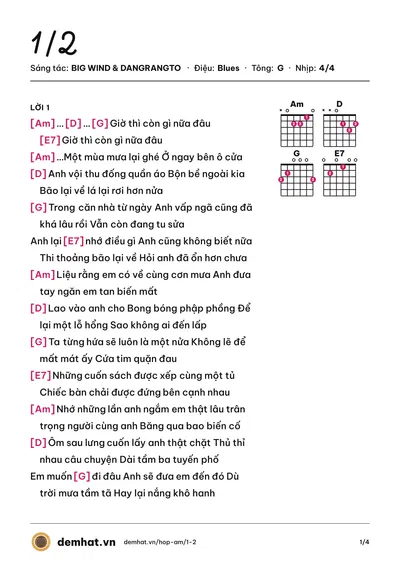 Hợp âm 1/2 (DANGRANGTO) – bản nhạc PDF trang 1, tông G