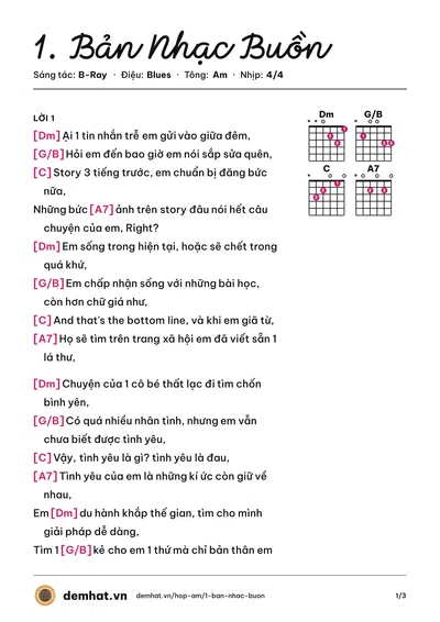 Hợp âm 1. Bản Nhạc Buồn (B-Ray) – bản nhạc PDF trang 1, tông Am