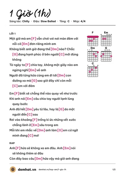 Hợp âm 1 Giờ (1h) (Chilly) – bản nhạc PDF trang 1, tông C