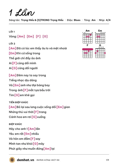 Hợp âm 1 Lần (Trọng Hiếu) – bản nhạc PDF trang 1, tông Am