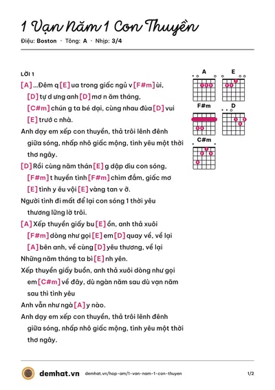 Hợp âm 1 Vạn Năm 1 Con Thuyền (Tim) – bản nhạc PDF trang 1, tông A