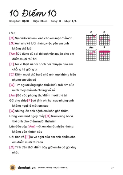 Hợp âm 10 Điểm 10 (ĐẠTG) – bản nhạc PDF trang 1, tông C