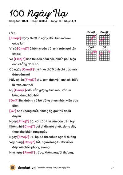 Hợp âm 100 Ngày Hạ (CAM) – bản nhạc PDF trang 1, tông C