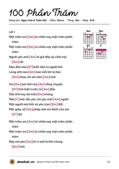 Hợp âm 100 Phần Trăm (Lê Trâm) – bản nhạc PDF trang 1, tông Am
