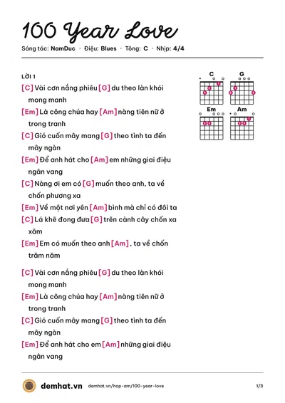 Hợp âm 100 Year Love (NamDuc) – bản nhạc PDF trang 1, tông C