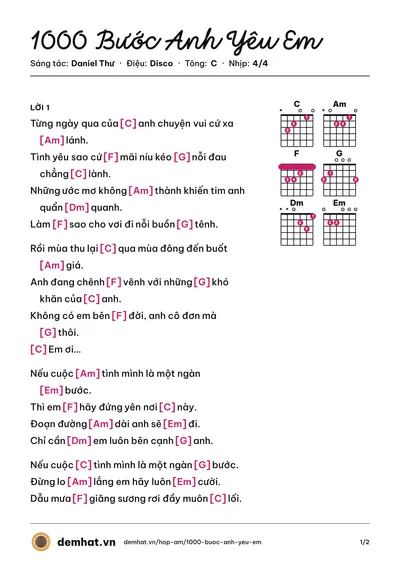 Hợp âm 1000 Bước Anh Yêu Em (Quang Hà) – bản nhạc PDF trang 1, tông C