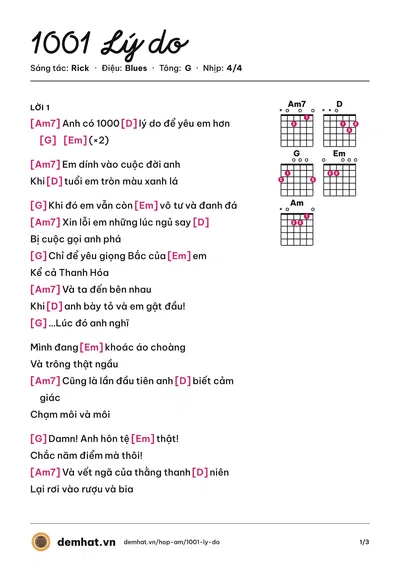 Hợp âm 1001 Lý do (Rick) – bản nhạc PDF trang 1, tông G