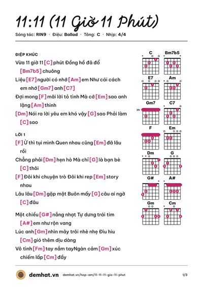 Hợp âm 11:11 (11 Giờ 11 Phút) (MiiNa) – bản nhạc PDF trang 1, tông C
