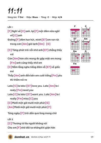 Hợp âm 11:11 (Ý Dol) – bản nhạc PDF trang 1, tông C