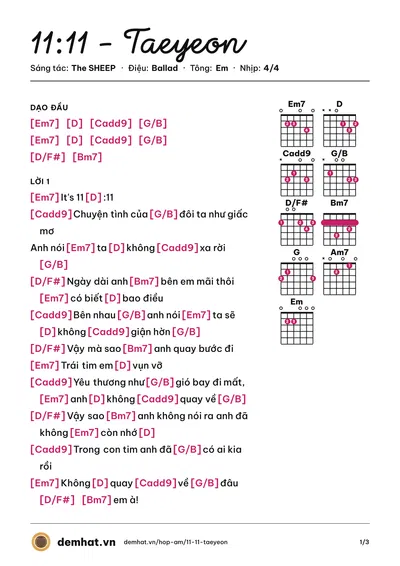 Hợp âm 11:11 - Taeyeon (TAEYEON) – bản nhạc PDF trang 1, tông Em