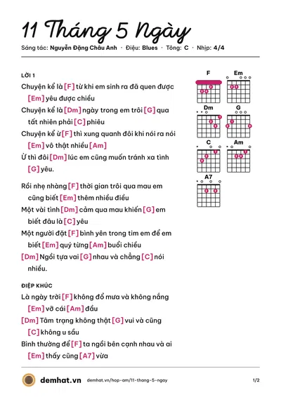 Hợp âm 11 Tháng 5 Ngày (Nguyễn Đặng Châu Anh) – bản nhạc PDF trang 1, tông C