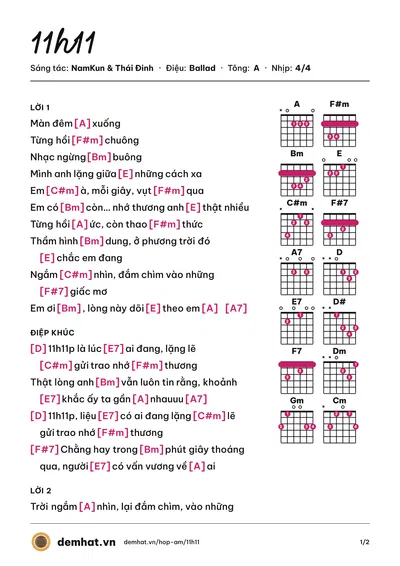 Hợp âm 11h11 (Thái Đinh) – bản nhạc PDF trang 1, tông A