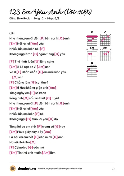 Hợp âm 123 Em Yêu Anh (lời việt) (Hạ Tử Linh) – bản nhạc PDF trang 1, tông C