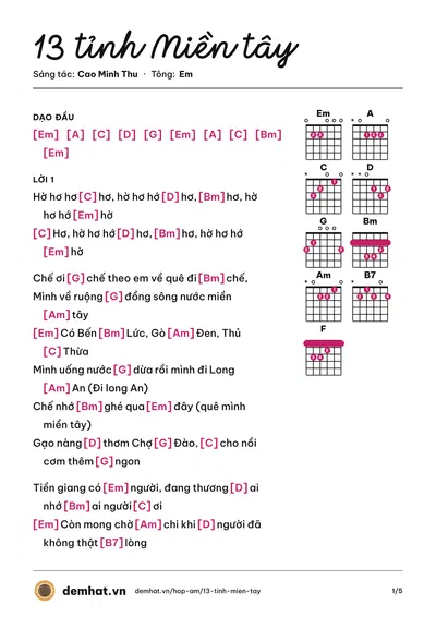 Hợp âm 13 tỉnh Miền tây (Nhật Kim Anh) – bản nhạc PDF trang 1, tông Em