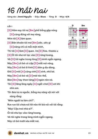 Hợp âm 16 Mắt Nai (Jimmii Nguyễn) – bản nhạc PDF trang 1, tông D