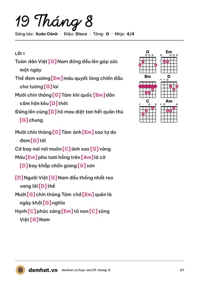 Hợp âm 19 Tháng 8 (Tốp ca đài TNVN) – bản nhạc PDF trang 1, tông G