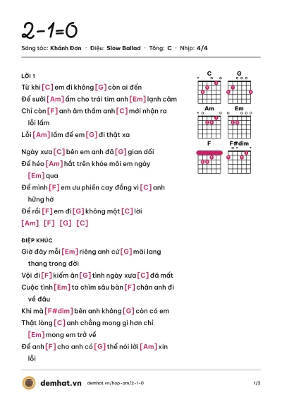 Hợp âm 2-1=0 (Huyền Thoại) – bản nhạc PDF trang 1, tông C