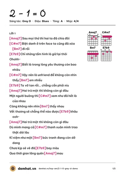 Hợp âm 2 - 1 = 0 (Grey D) – bản nhạc PDF trang 1, tông A
