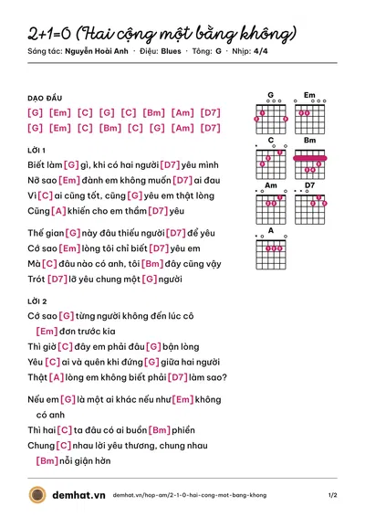 Hợp âm 2+1=0 (Hai cộng một bằng không) (Nguyễn Hoài Anh) – bản nhạc PDF trang 1, tông G