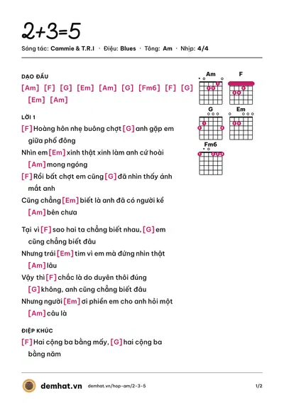 Hợp âm 2+3=5 (T.R.I) – bản nhạc PDF trang 1, tông Am