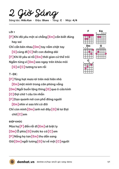 Hợp âm 2 Giờ Sáng (Hiếu Kun) – bản nhạc PDF trang 1, tông C