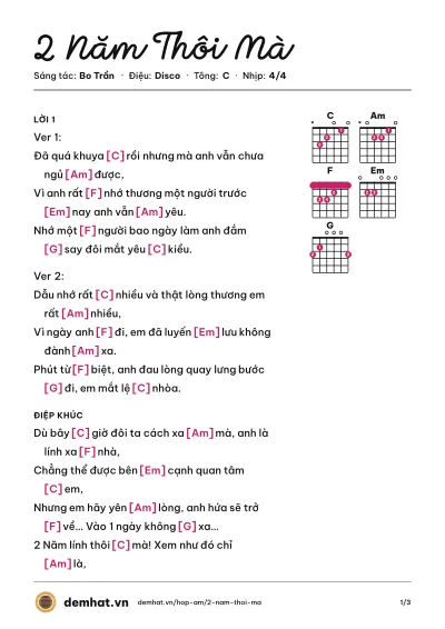Hợp âm 2 Năm Thôi Mà (Bo Trần) – bản nhạc PDF trang 1, tông C