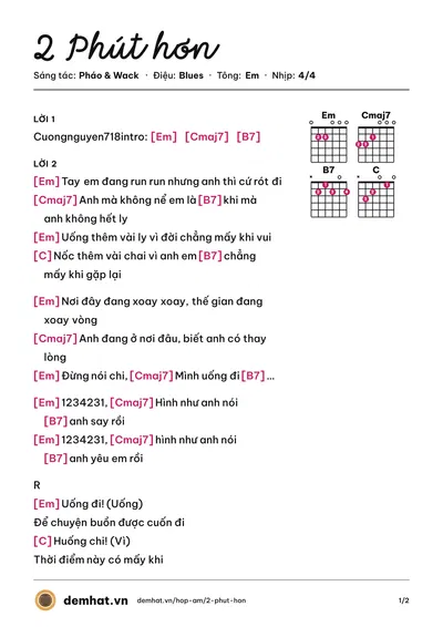 Hợp âm 2 Phút hơn (Pháo) – bản nhạc PDF trang 1, tông Em