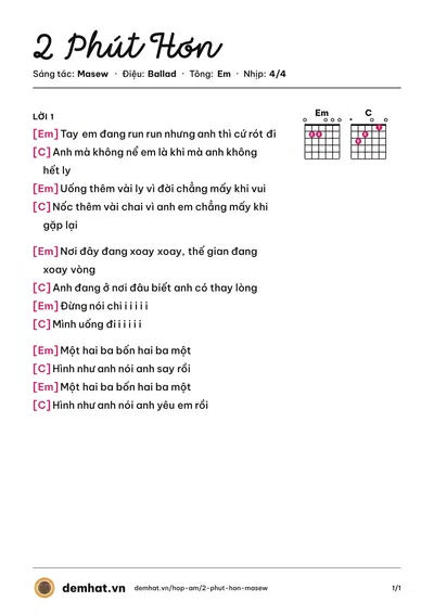Hợp âm 2 Phút Hơn (Masew) – bản nhạc PDF trang 1, tông Em