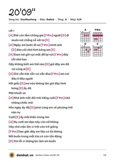 Hợp âm 20’09’’ (GauMauHong) – bản nhạc PDF trang 1, tông A