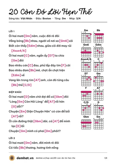 Hợp âm 20 Còn Đó Lời Hẹn Thề (Việt Nhân) – bản nhạc PDF trang 1, tông Dm