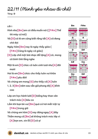 Hợp âm 22/11 (Mình yêu nhau đi chế) (Hau Hoang) – bản nhạc PDF trang 1, tông D