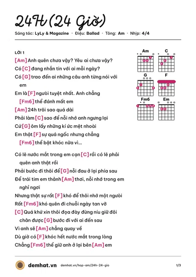 Hợp âm 24H (24 Giờ) (LyLy) – bản nhạc PDF trang 1, tông Am