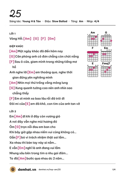 Hợp âm 25 (Young H) – bản nhạc PDF trang 1, tông Am