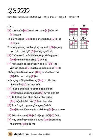 Hợp âm 26XX (Pjnboys) – bản nhạc PDF trang 1, tông F