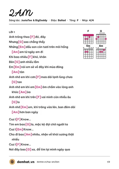 Hợp âm 2AM (JustaTee) – bản nhạc PDF trang 1, tông F