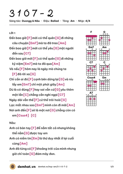 Hợp âm 3 1 0 7 - 2 (Duongg) – bản nhạc PDF trang 1, tông Am