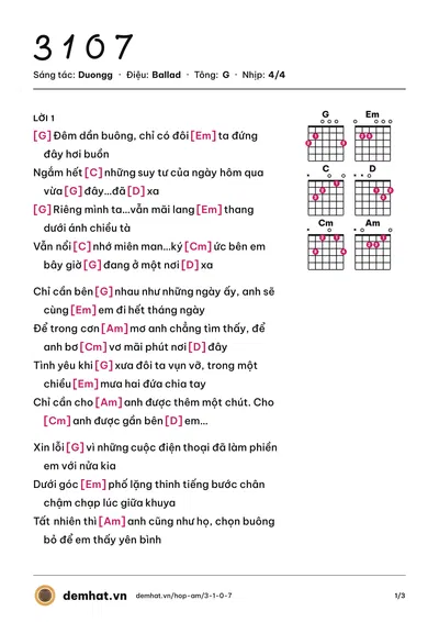 Hợp âm 3 1 0 7 (Duongg) – bản nhạc PDF trang 1, tông G