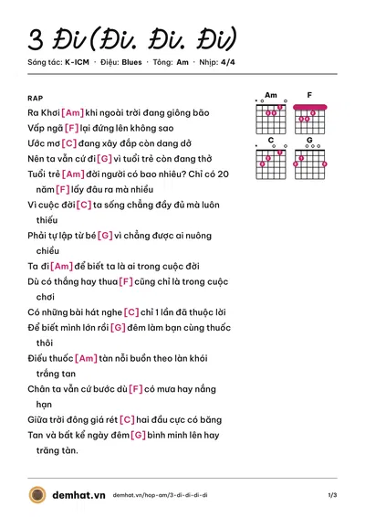 Hợp âm 3 Đi (Đi. Đi. Đi) (K-ICM) – bản nhạc PDF trang 1, tông Am