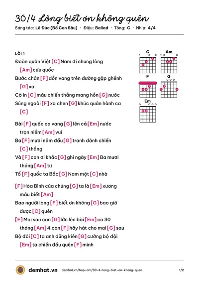 Hợp âm 30/4 Lòng biết ơn không quên (Lê Đức (Bố Con Sâu)) – bản nhạc PDF trang 1, tông C
