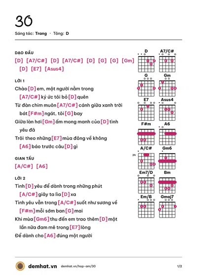Hợp âm 30 (Trang) – bản nhạc PDF trang 1, tông D