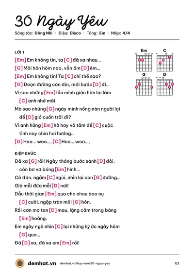 Hợp âm 30 Ngày Yêu (Đông Nhi) – bản nhạc PDF trang 1, tông Em