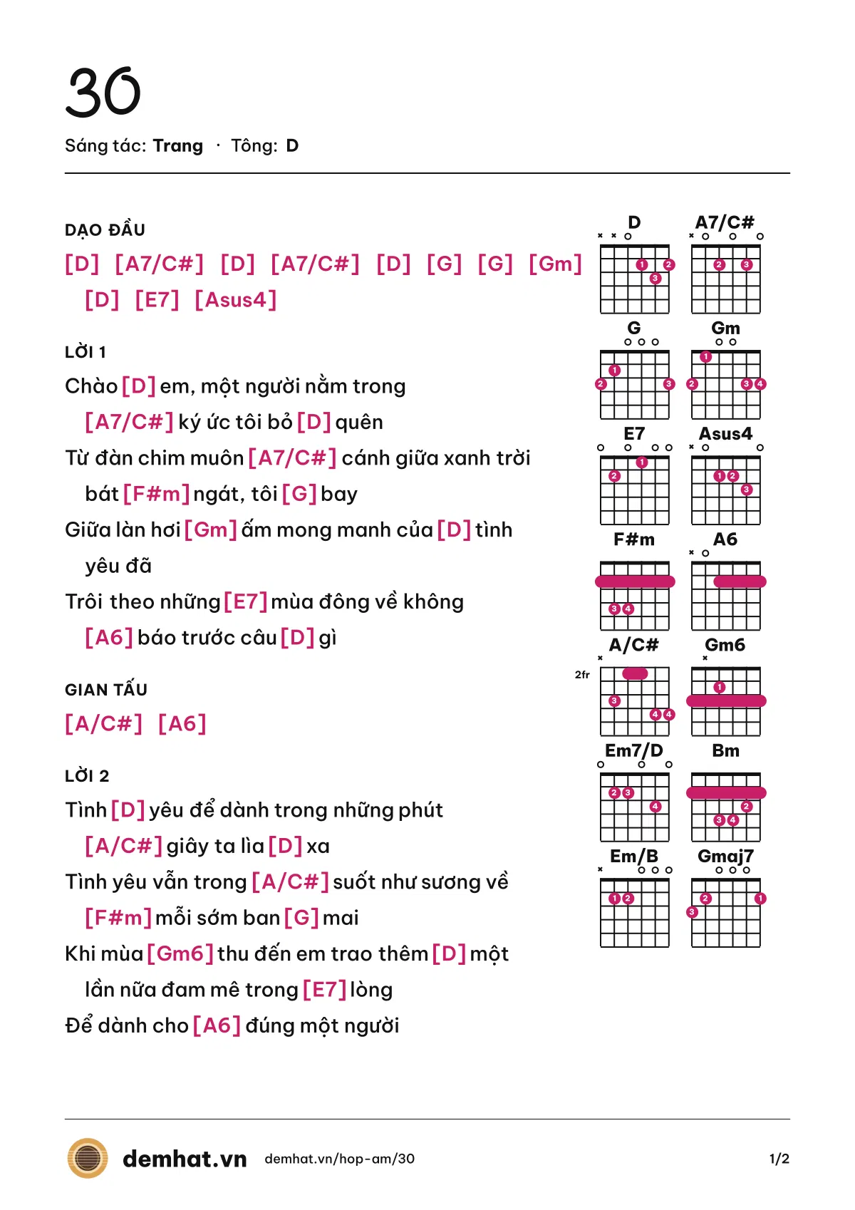 Hợp âm 30 (Trang) – bản nhạc PDF trang 1, tông D