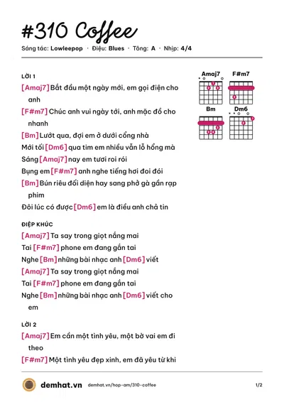 Hợp âm #310 Coffee (Lowleepop) – bản nhạc PDF trang 1, tông A