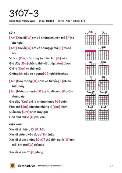 Hợp âm 3107-3 (Nâu) – bản nhạc PDF trang 1, tông Am